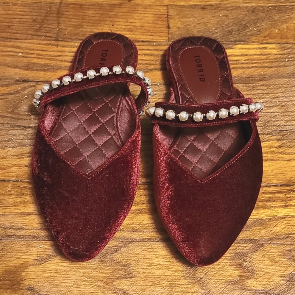 Torrid wine red velvet slides with pearl detail